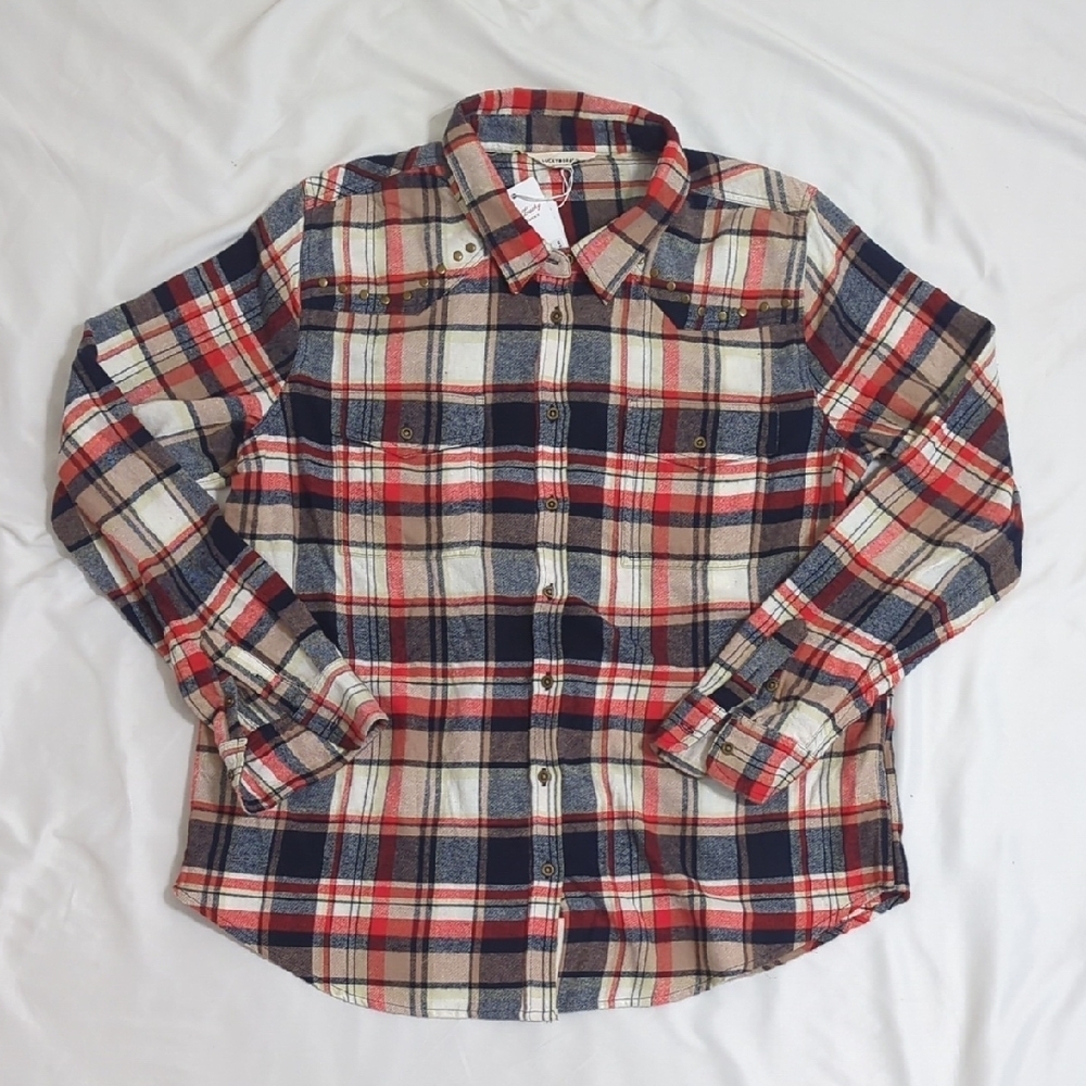 NWT LUCKY BRAND Womens Cuffed Collared Button Up Top, Color Plaid Size M